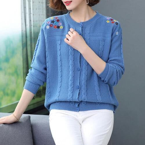 2021 Spring Autumn Embroidered Sweater Cardigan Womens Coat Short Loose Long-sleeved Female Knit Cardigans Plus size Casual Top