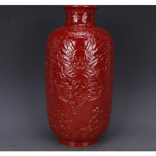 Antique Red Glaze Embossed Dragon Home Decoration Porcelain Flower Vase Collection Vase