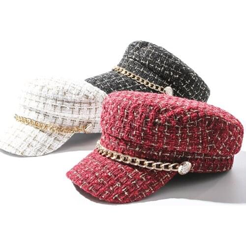 2020 Autumn And Winter Ladies Plaid Navy Hat Red Woolen British Retro Beret Ins Woolen Hat Chain Metal Stripes