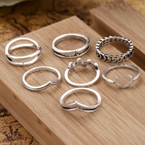 7pcs/sets Bohemian Vintage Ripple Geometric Rings Sets Clear Crystal Opening Rings for Women Jewelry Accessories Years Gift