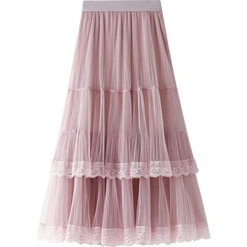 Tulle Lace Black Skirt Women Autumn Mesh Cake Skirt Women For Autumn Winter Long Pleated Chiffon Midi Skirt Femme