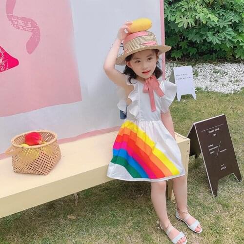 Kids Dress Rainbow Printing Sweat Absorption Solid Children Flying Sleeve Printing Dress for Party Girl Casual Dresses
