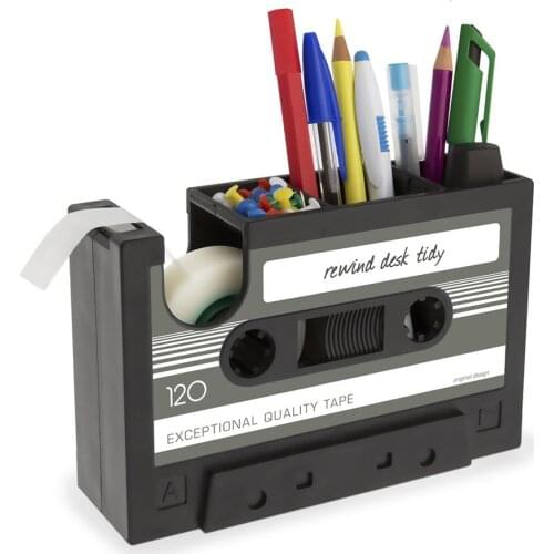 Cassette Tape Dispenser Pen Holder Desk Tidy Container With Adhesive Tape Office Home Pencil Pot Stationery Storage Container
