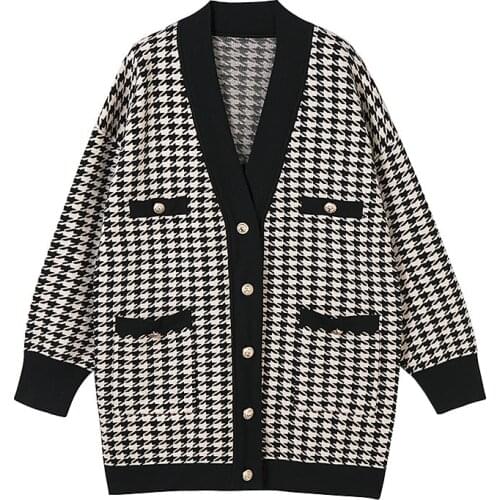 V Neck Women Button black Houndstooth Cardigan 2021 Long Sleeve Sweater Autumn Winter Knitted Loose Oversized Jumper Casual