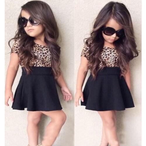 2pcs/Set Baby Girls Kid Summer Clothes Leopard Short Sleeve T-Shirt + Black Mini Skirt 1-6T
