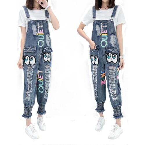 Lovely Cartoon Loose Jumpsuit Womens Rompers Harem Hole Denim Jumpsuit Women Big Pocket Sleeveless Overalls Female Plus Size 3XL