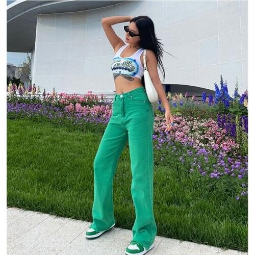 2021 New Solid Color Jeans Hot Girl Streetwear Fashion Clothing Green Jeans Slim Straight Leg Pants Hip-Hop Jeans Mom Pants