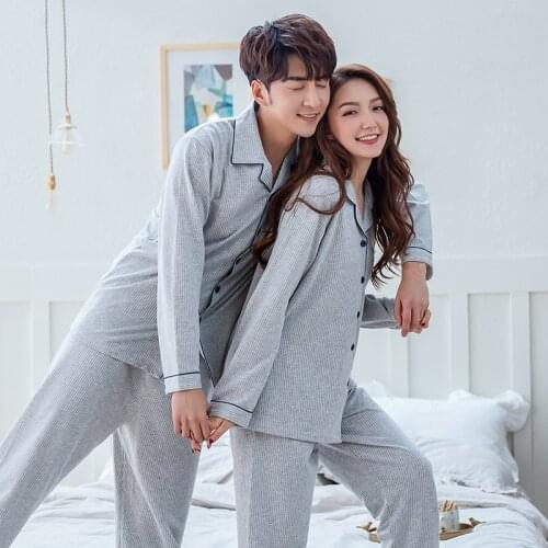 Solid Color Sleepwear 100% Cotton Pajamas Couple Set Long Button-Down Pyjamas Suit Pijama Women Men Loungewear Plus Size Pj Set