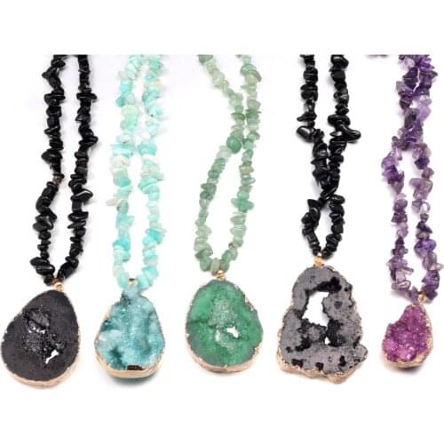 Natural Stone Necklace Irregular Druzy Agate Stone Pendant Long Chip White Crystal Stone Chain Charms for Women Jewelry