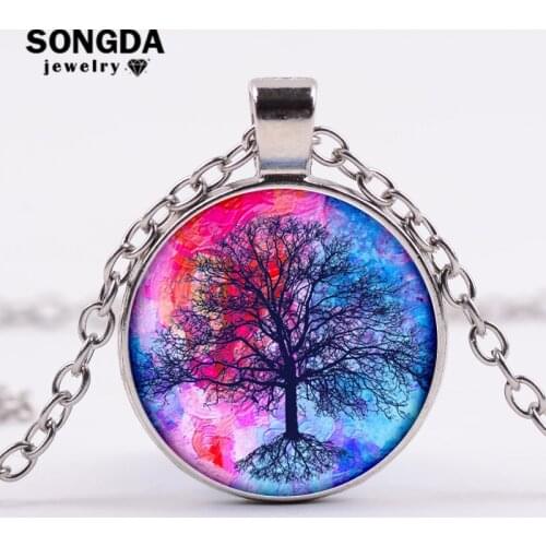 SONGDA Tree Of Life Statement Necklace Life Tree Art Photo Glass Cabochon Gem Necklaces Pendants Choker Women Gift Reiki Jewelry