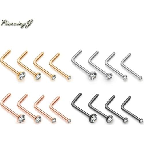 PiercingJ 16pcs Mixed colors Unisex Stainless Steel Nose Ring L Stick Curved Bar with Zircon Nose Ring Piercing Jewelry