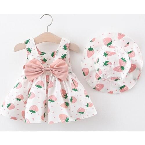 Baby Girls Dress with Hat 2Pcs Clothes Sets Strawberry Print Toddler Kids Clothes Baby Sleeveless Birthday Party Princess Dress