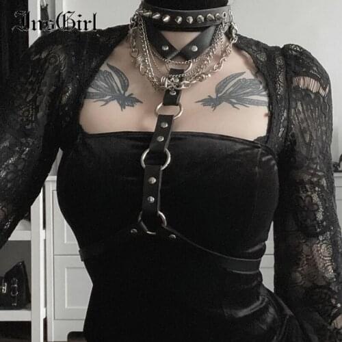 InsGirl Dark Gothic Sexy Punk PU Leather Belt Harajuku Streetwear Mall Goth Hip Hop Nightclub Grunge Black Necklace Waist Belt