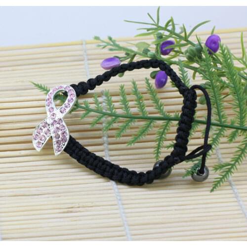 Pink Rhinestone Crystal Silver Color Ribbon Connector Bead Breast Cancer Awareness Adjustable Black Macrame Rope Bracelet 1pc