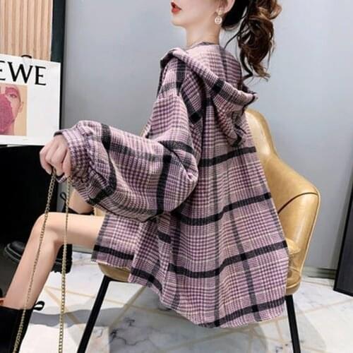Shirt 95% Cotton Retro Hong Kong Style Hooded Plaid Shirt Jacket Female 2020 Autumn and Winter New Loose Lazy Casual Jacket