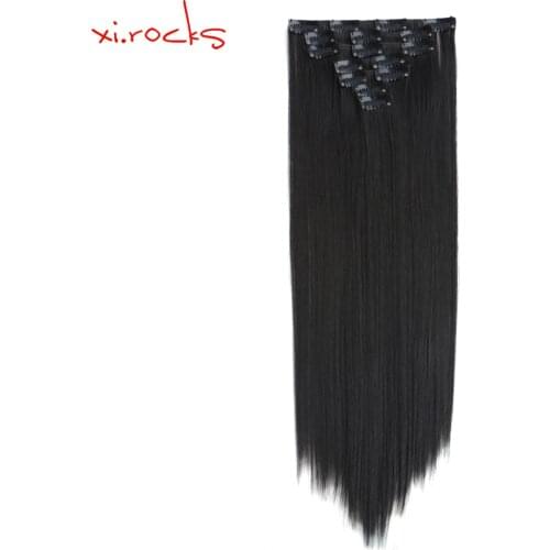 Qjz13055/2set Xi.rocks Synthetic Clip in Hair 7pcs set Extensions wig 55cm Straight Hairpiece Clips wigs Extension Black 1BJ