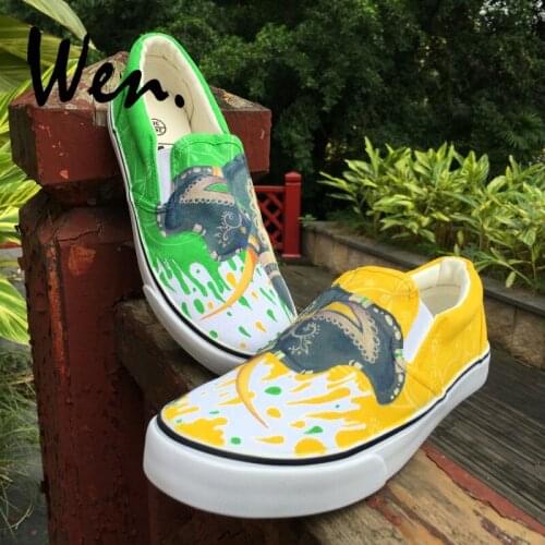 Wen Original Design Slip On Flats Indian Ethnic Totem Elephant Hand Painted Shoes Green Yellow Sneakers Canvas Men Women Pumps