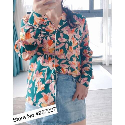 Women High Quality 100% Silk Notched Long Sleeve Floral Printing Blouse Shirt Top