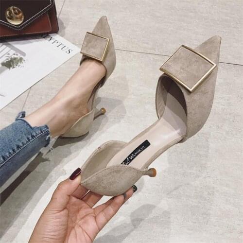 Womens shoes 2021 new pointed shallow mouth comfortable suede sandals sexy square buckle Baotou stiletto heels