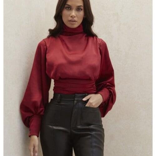 Womens Long sleeve Bodysuit Backless Elegant One Piece Jumpsuit Riding Suit for Female Satin pleated lantern sleeves top