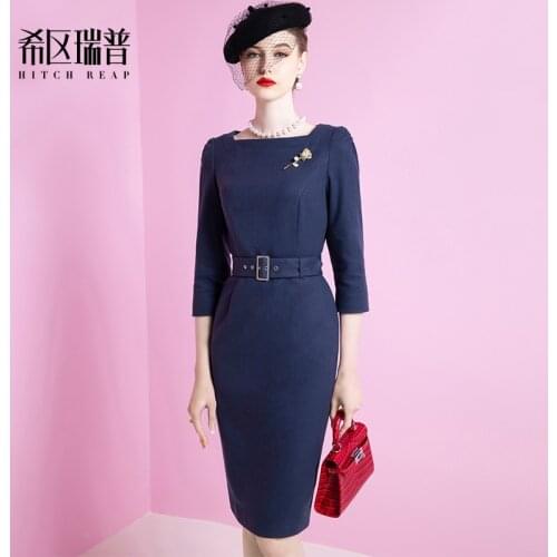 Lady Dress High End Temperament Womens Dress Autumn And Winter New Retro French Slim Bag Hip Dark Blue