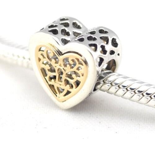Golden Shine Openwork Heart Beads for Charms Bracelets Silver 925 Jewelry Women DIY Love Sign Charm Beads for Jewelry Making