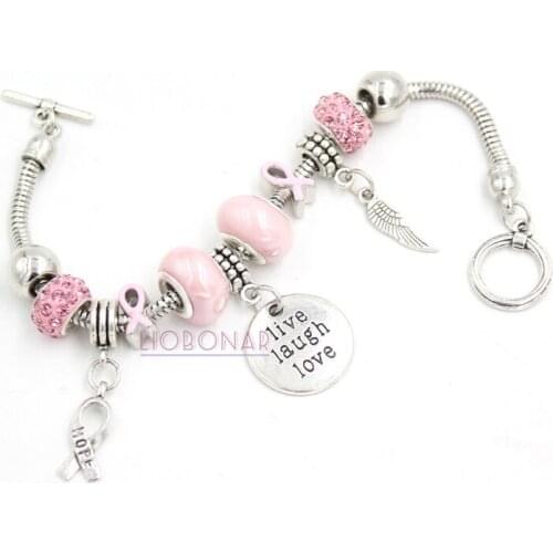 10PCS Breast Cancer Awareness Bracelet Pink Ribbon Live Laugh Love Charms Bracelet For Breast Cancer Bijoux Pulsera