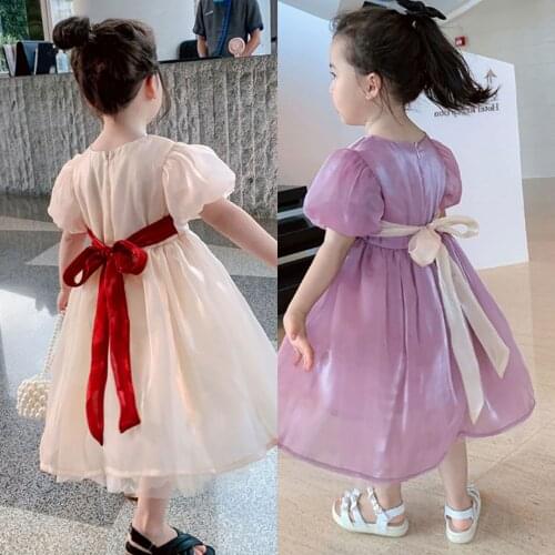 2021 Summer Girls' Dress New Style Bow Puff Sleeve Sweet Princess Dress Pure Color ChildrenS Baby Kids Clothing For Girls