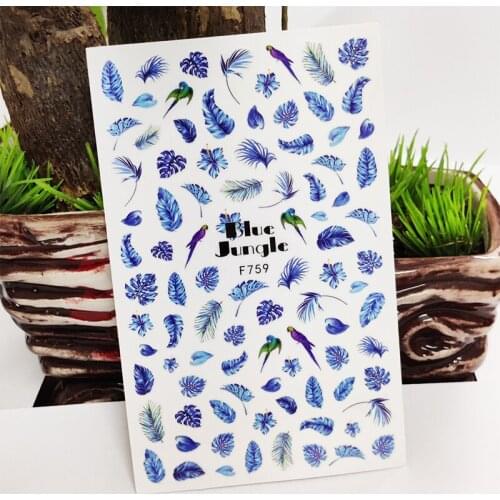 3D Nail Stickers Blue Leaves Grass Bird Stickers for Nails Self-Adhesive Design Sticker for Manicure Decal Nail Art Decoration