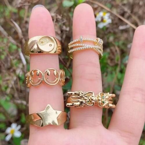 5Pcs New Design Gold Color Smile Face Star Rings For Women Unique Fashion Female Copper Ring Fashion Party Gift