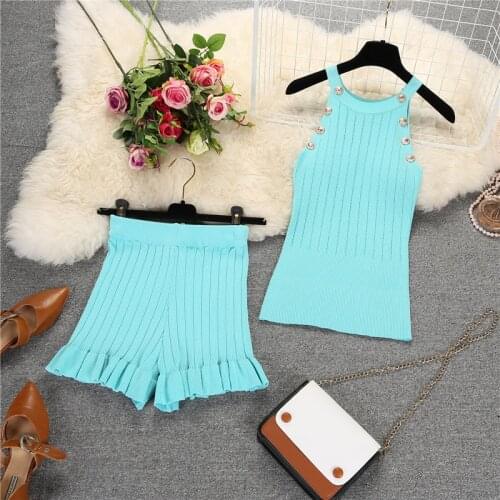 Amolapha Women 2020 Summer Knitting Button Tank Top+ Shorts 2pcs Clothes Set Thin Knit Top + Shorts Suit Outfits