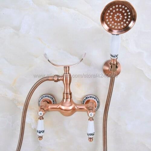 Antique Red Copper Bathroom Shower Faucet Bath Faucet Mixer Tap With Hand Shower Head Set Wall Mounted Kna352