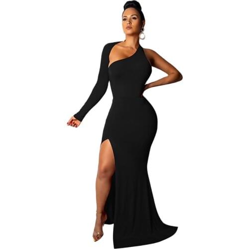 European and American explosions banquet dress womens halter mop dress irregular one-shoulder long-sleeved dress
