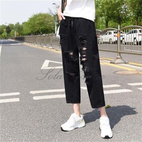 Free shipping 2020 womens summer new high waist large size Harlan jeans ripped ankle trousers high waist slim loose pants