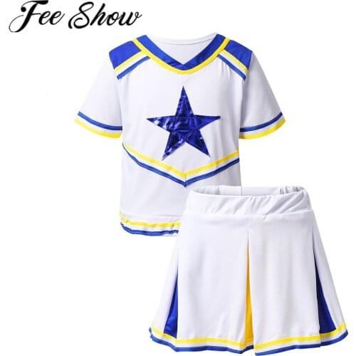 Kids Girls Cheerleader Costume Outfit Set Short Sleeves Stars Applique Tops Pleated Skirt School Stage Performance Clothing