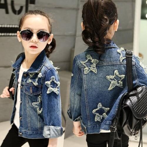 Girls denim jacket 2020 new spring bling sequins five-pointed star washed fashion coat kids autumn long sleeved casual clothes