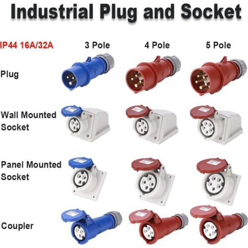 IP44 16/32A Waterproof Industrial Plug and Socket,220/380V 3 Pole 4 Pole 5 Pole,Wall Mounted Socket,Panel Mounted Socket,Coupler