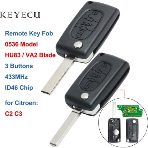 Keyecu 0536 Model Remote Key 3 Button 433MHz ID46 Car Key for Citroen C2 C3 2005 2006 2007 2008 2009 2010 2011 - VA2/HU83 Blade