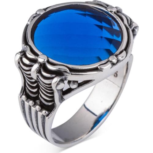 Men Silver Ring With Round Blue Raw Zircon Stone Made In Turkey Solid 925 Sterling Silver