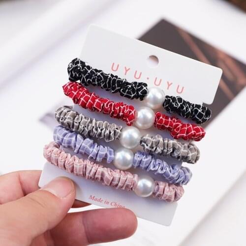 5pcs/card Hair Rubber Bands Accessories Pearls New Fashion Grid Fabric Hair Elastics For Girls Women Ponytail Headwear