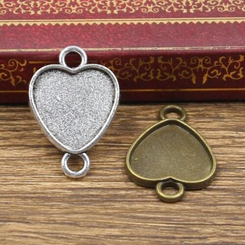 10pcs Fit 16mm Simple Heart 2 Hanging Glass Cabochon Base Setting Antique Bronze Silver Color Pendant For Jewelry DIY Making