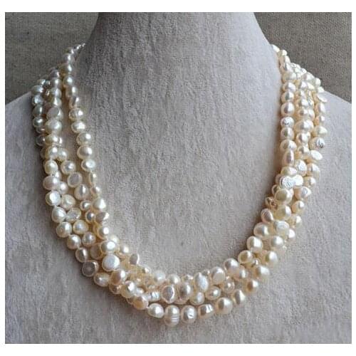 Unique Pearls jewellery Store 6-7mm White Color Baroque Pearl Necklace 4rows Genuine Freshwater Pearl Necklace Magnet Clasp