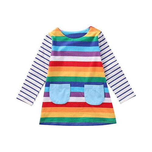 Spring Autumn Cute Baby Kids Girls Stripe Clothes Long Sleeve rainbow Dress Party Princess Dress