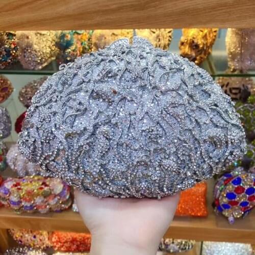 High Quality Silver Metal Crystal Clutch Fashion Wedding Bridal Purses Elegant Women’s Diamond Shoulder Bag Chain Clutches