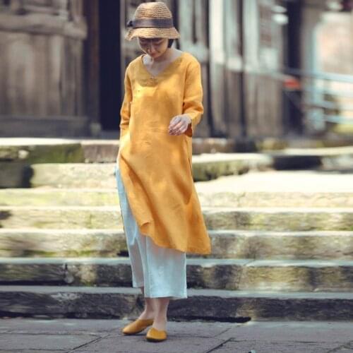 Y757 A Summer Improvement Surplice Cheongsam Gao Kaicha Dress Jade Buckle V Lead Loose Will Code Zen Suit-dress