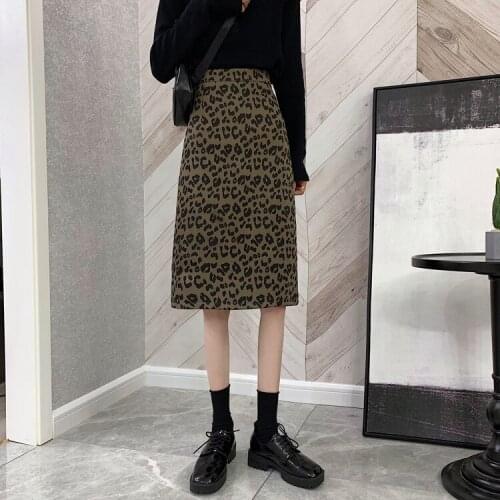 Leopard print mid-length skirt female 2021 autumn high waist thin a-line split hip skirt