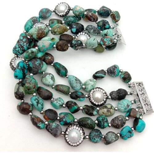 YYGEM 8'' 5 Strands Natural Genuine Freeform Turquoise White freshwater Pearl strand Bracelet