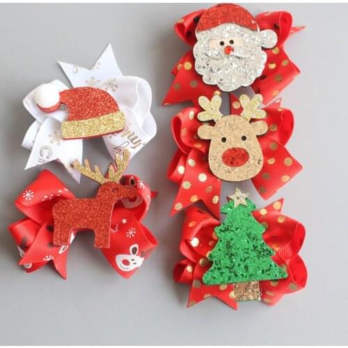 10pcs/lot Cute Ribbon Bows Hair Clip Top Quality Felt Christmas Fawn Shape Hairpin Gift Box Headwear Santa Claus Red Hat Pin