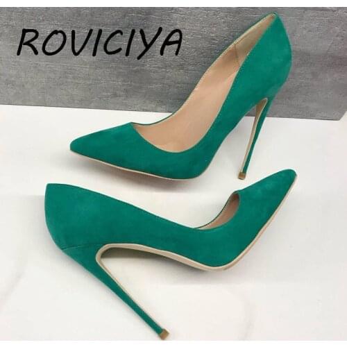 Green women pumps 12cm high heels fashion pointed toe shallow sexy shoes slip-on party shoes plus size RM011 ROVICIYA
