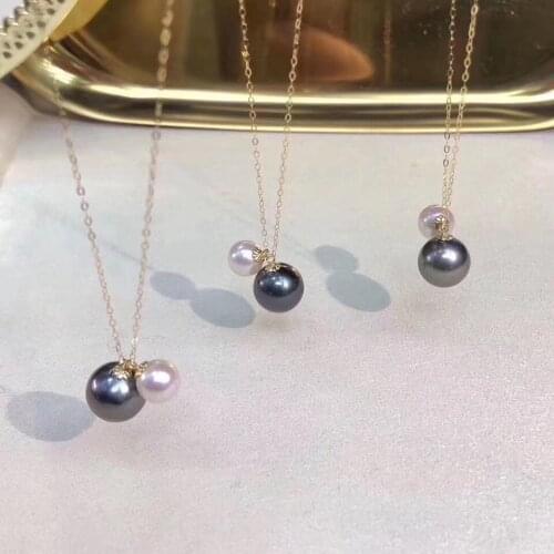 D709 Pearl Necklace Fine Jewelry Solid 18K Gold Round 6-10mm Nature Sea Water Tahiti Black Pearls and Fresh Water White Pearls